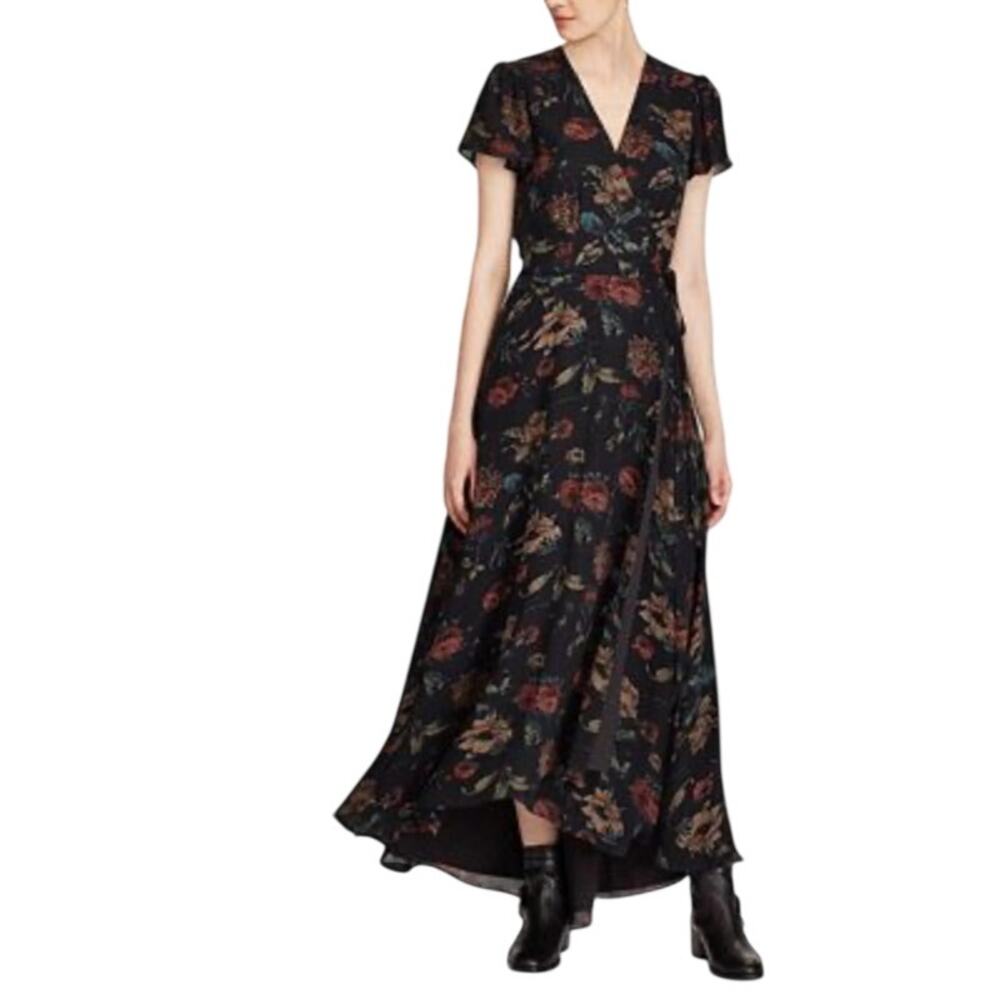 Polo Ralph Lauren 100% Silk Wrap Maxi Dress Dark Floral Boho Size 0 NWOT